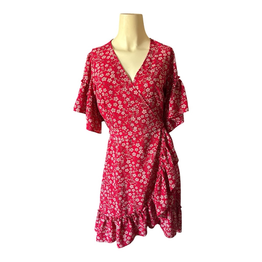 Max Studio red floral ruffle wrap women mini dress size S
